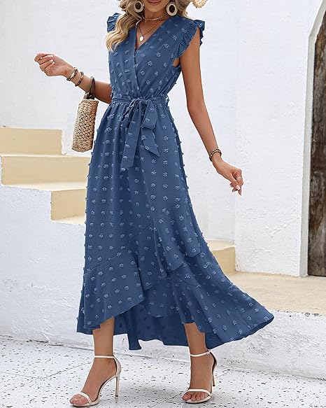 Women's Sleeveless Ruffled Maxi Pleated Dress With Waist Tie