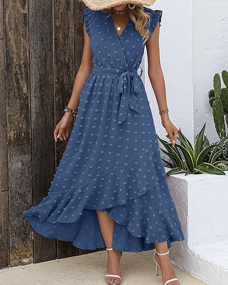 Women's Sleeveless Ruffled Maxi Pleated Dress With Waist Tie