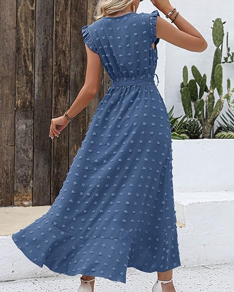 Women's Sleeveless Ruffled Maxi Pleated Dress With Waist Tie