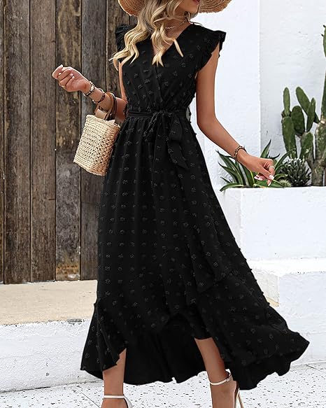 Women's Sleeveless Ruffled Maxi Pleated Dress With Waist Tie