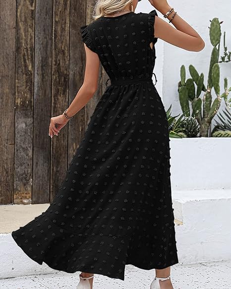 Women's Sleeveless Ruffled Maxi Pleated Dress With Waist Tie
