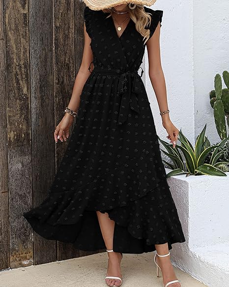 Women's Sleeveless Ruffled Maxi Pleated Dress With Waist Tie