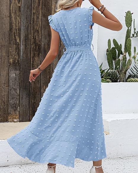 Women's Sleeveless Ruffled Maxi Pleated Dress With Waist Tie
