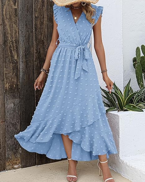 Women's Sleeveless Ruffled Maxi Pleated Dress With Waist Tie