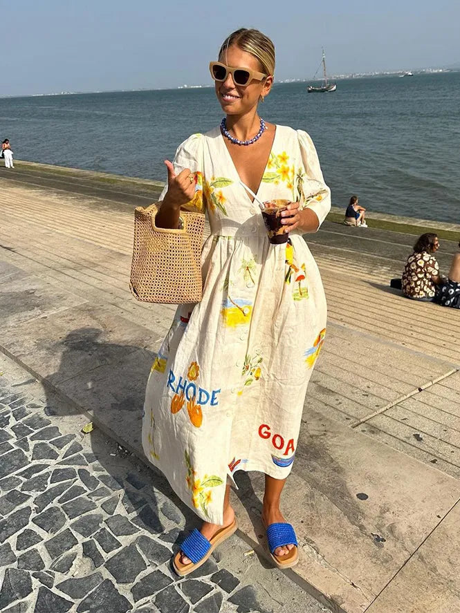 FLOWING FLORAL LINEN BLEND MAXI DRESS FOR WOMEN