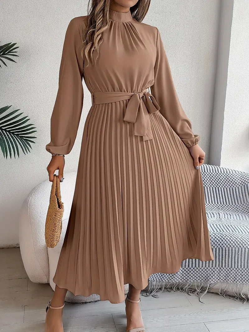 Women's Pleated Midi Dress With Long Sleeves And Belted Waist