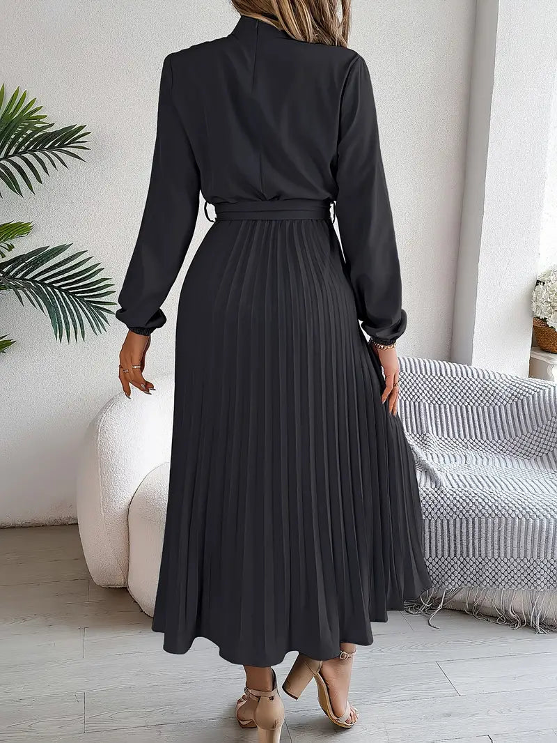 Women's Pleated Midi Dress With Long Sleeves And Belted Waist