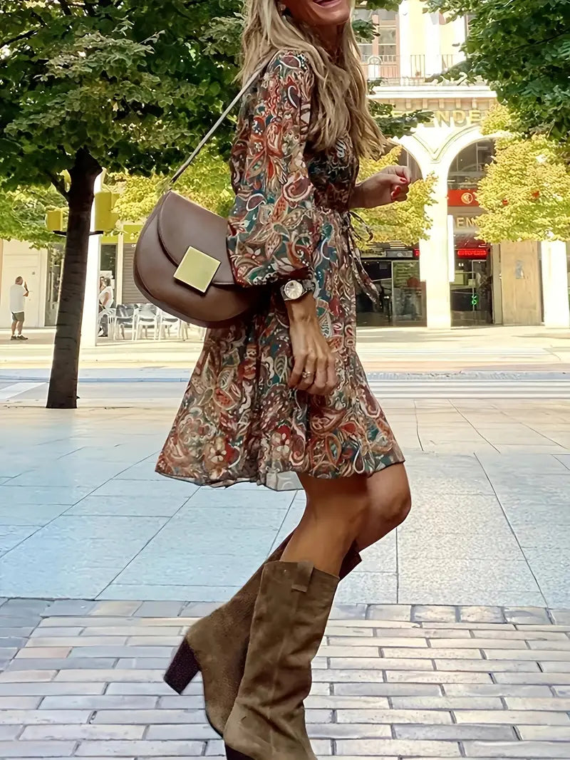 WOMEN'S BOHO PRINTED MINI DRESS WITH V-NECK AND TIE-FRONT