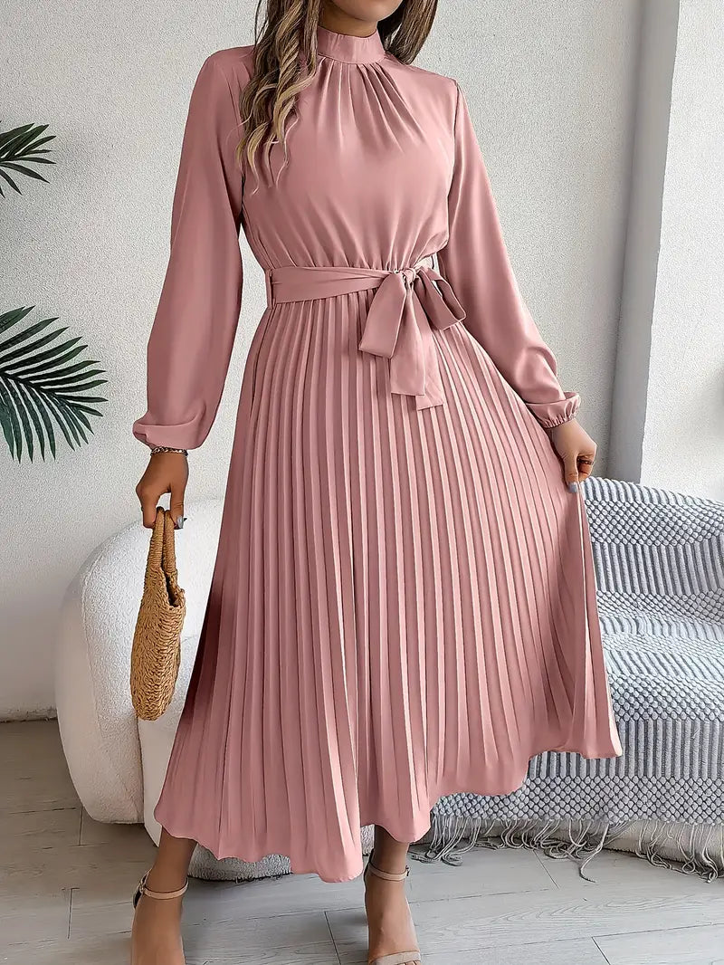 Women's Pleated Midi Dress With Long Sleeves And Belted Waist