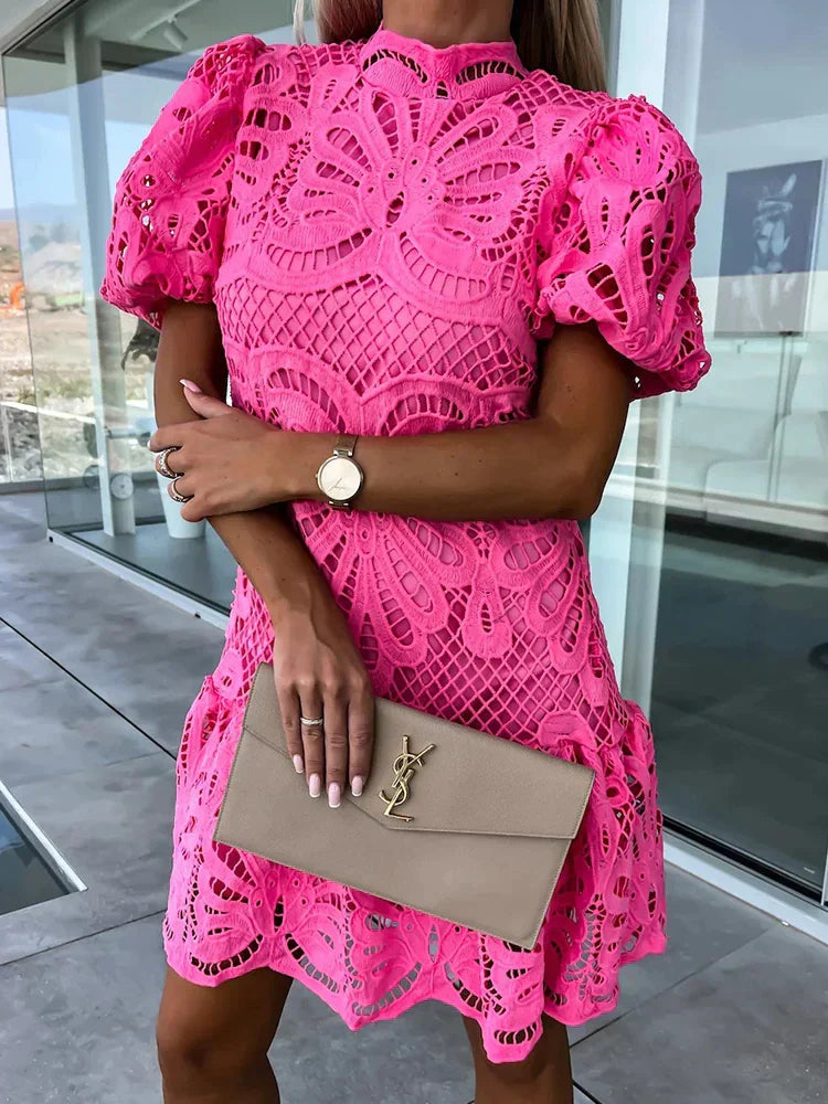 Women's Lace Mini Dress With Puff Sleeves & Sheer Detail