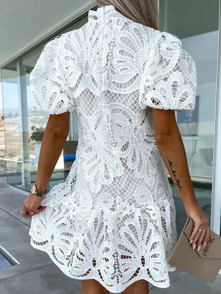 Women's Lace Mini Dress With Puff Sleeves & Sheer Detail