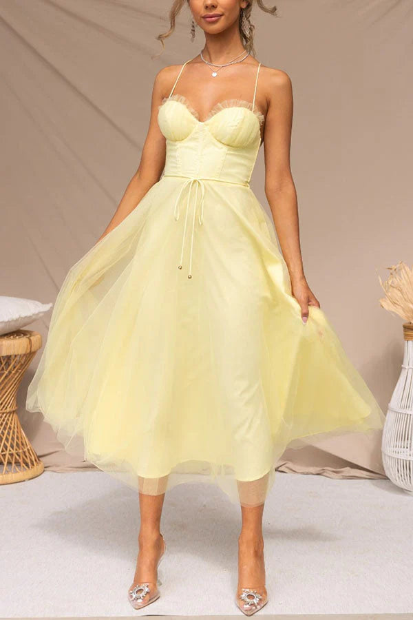 Women's Corset Midi Dress With Tulle Skirt & Spaghetti Straps