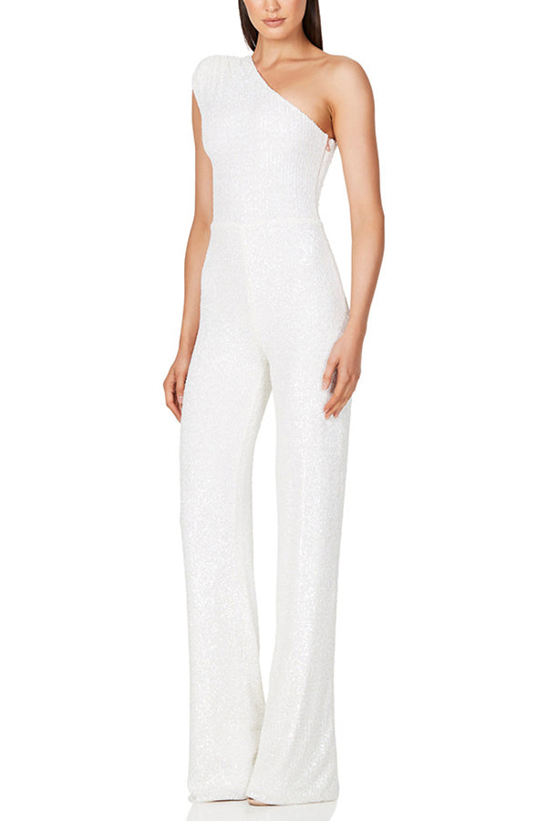 WOMEN'S SEQUIN ONE SHOULDER JUMPSUIT WITH WIDE LEG