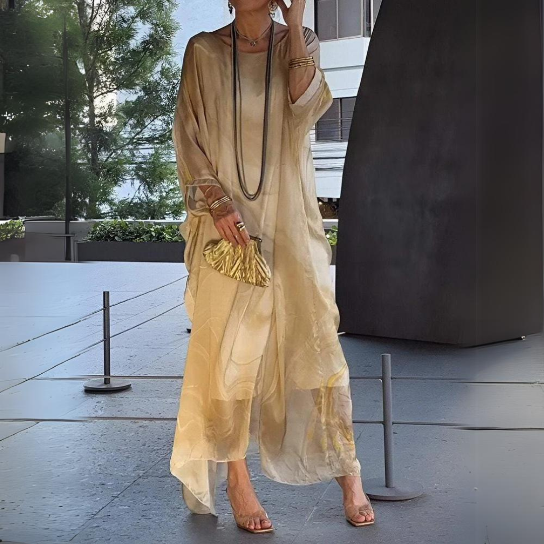 Women's Summer Kaftan Dress With Sheer Fabric & Printed Design