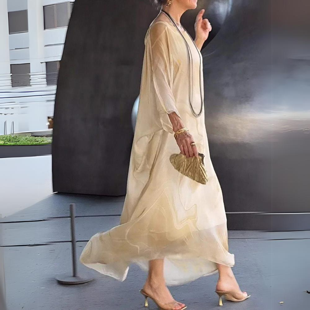 Women's Summer Kaftan Dress With Sheer Fabric & Printed Design