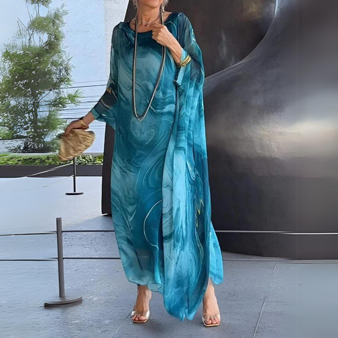 Women's Summer Kaftan Dress With Sheer Fabric & Printed Design