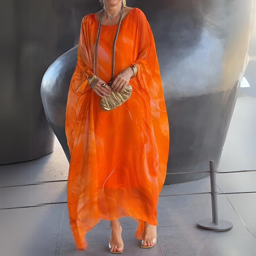 Women's Summer Kaftan Dress With Sheer Fabric & Printed Design