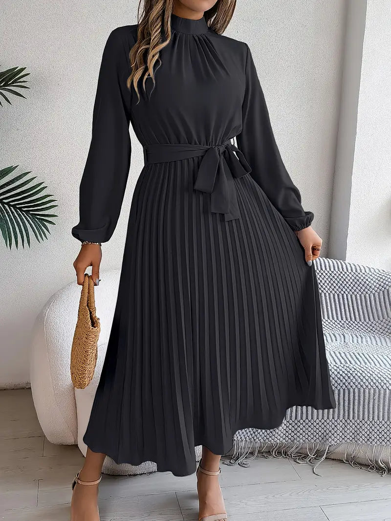 Women's Pleated Midi Dress With Long Sleeves And Belted Waist