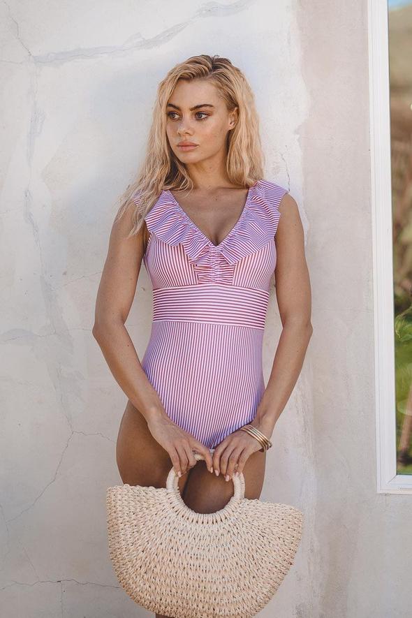 Women's Striped One Piece Swimsuit With V-neck