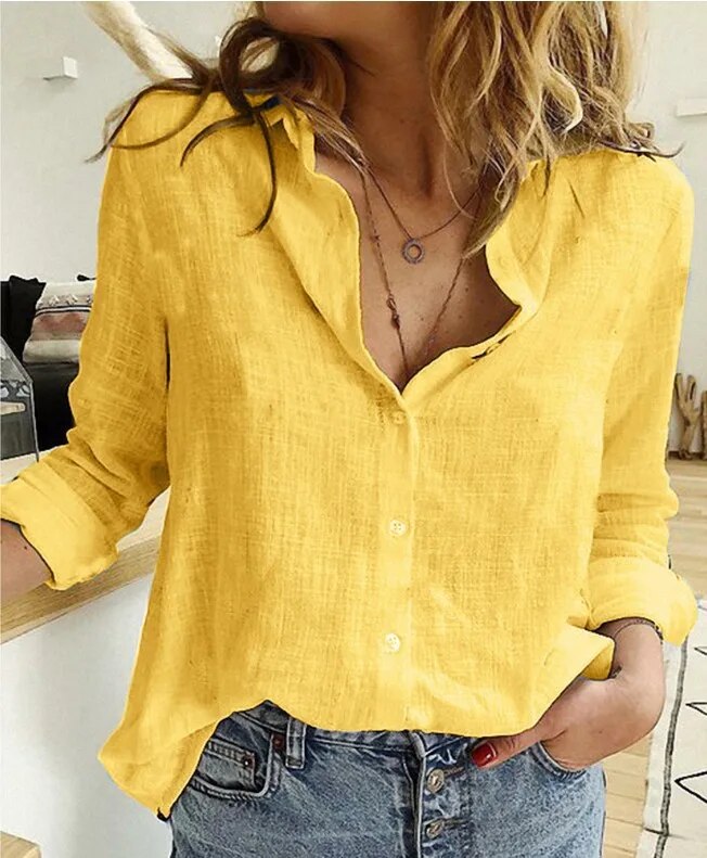Women's Classic Linen Button-down Shirt With Long Sleeves