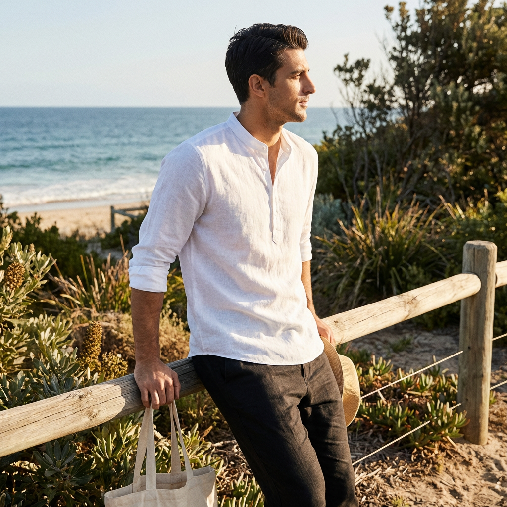 George | Men's Grandad Shirt With Band Collar And Long Sleeves | Relaxed