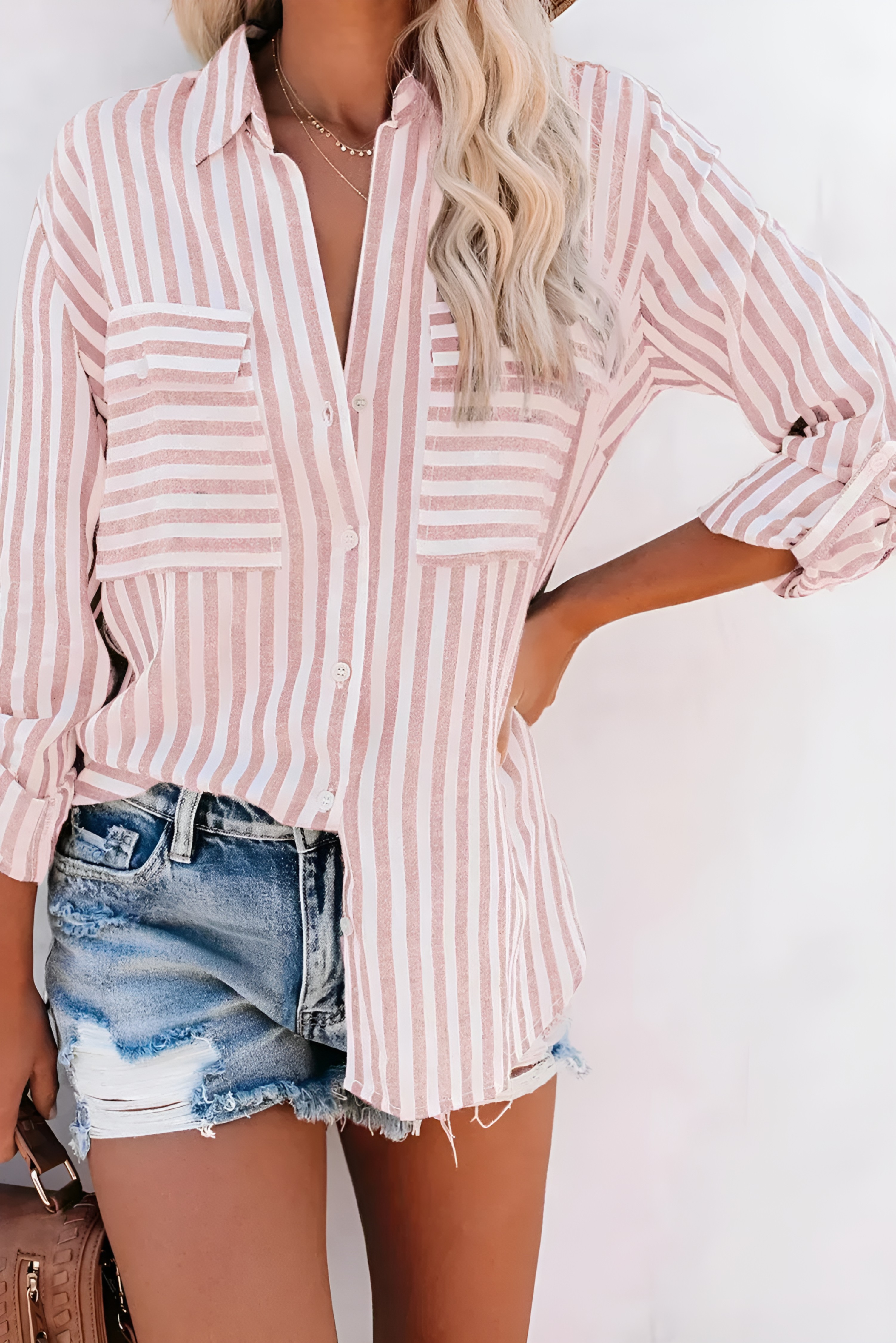 Women's Striped Button Up Shirt With Rolled Sleeves