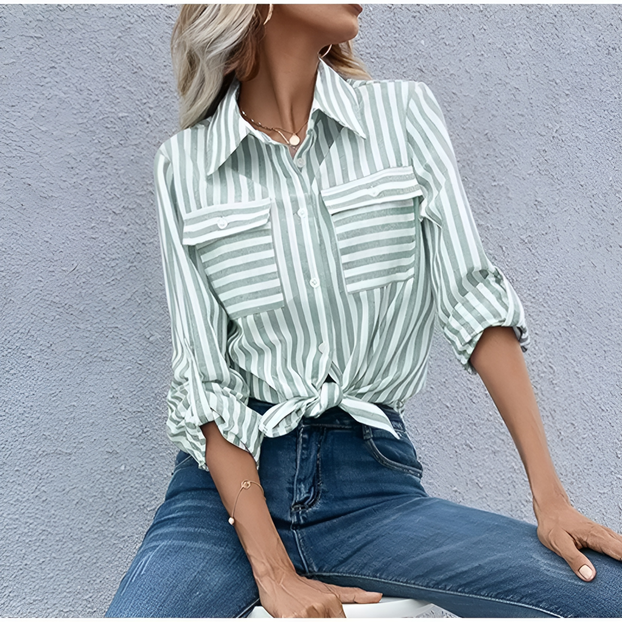 Women's Striped Button Up Shirt With Rolled Sleeves