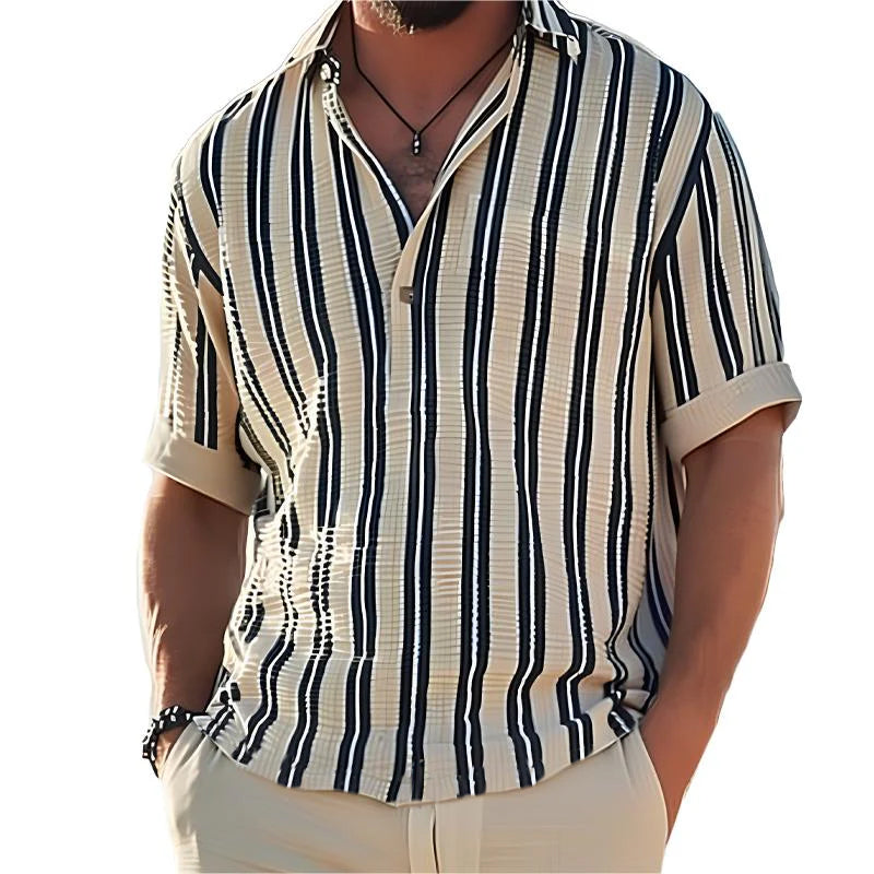 MEN'S COTTON STRIPED SHORT SLEEVE SHIRT WITH V-NECK