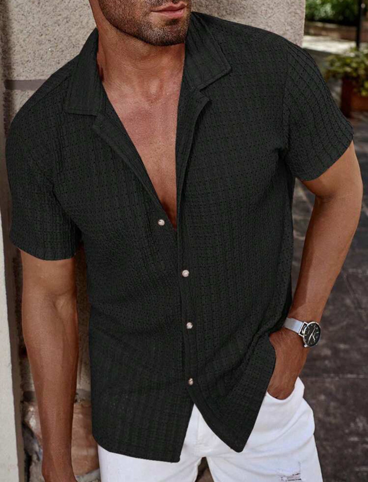 MEN'S LINEN KNITTED SHORT SLEEVE SHIRT WITH BUTTON DOWN FRONT