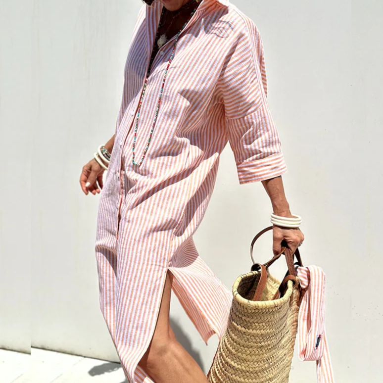 WOMEN'S STRIPED LINEN SHIRT DRESS FOR SUMMER