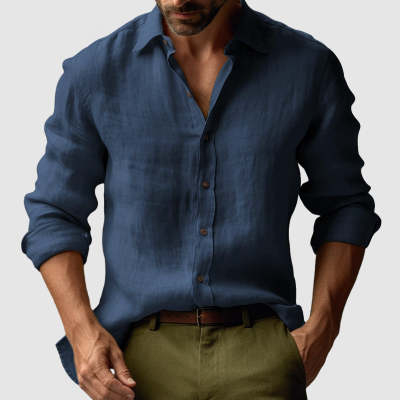 MEN'S COTTON LINEN LONG SLEEVE SHIRT WITH BUTTON DOWN FRONT