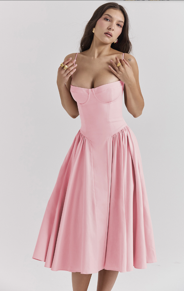 Women's Summer Midi Dress With Strapless Neckline & Pleated Skirt
