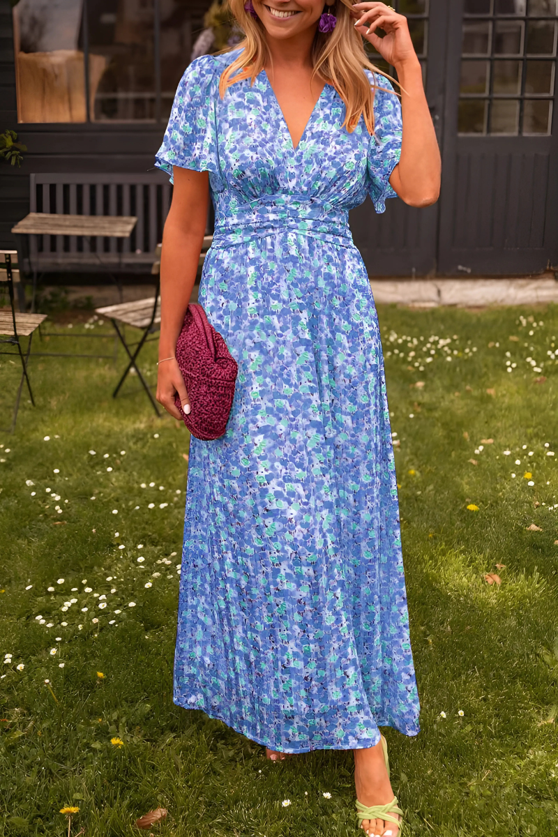 Women's Floral Maxi Summer Dress With V-neck & Short Sleeves
