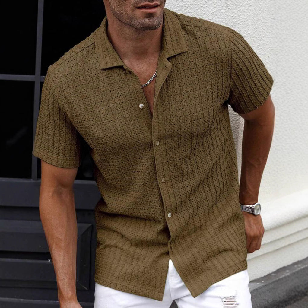 MEN'S LINEN KNITTED SHORT SLEEVE SHIRT WITH BUTTON DOWN FRONT
