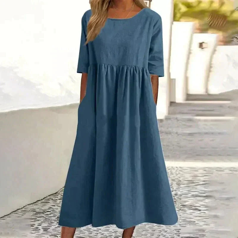 Women's Summer Midi Dress With Half Sleeves & Round Neck
