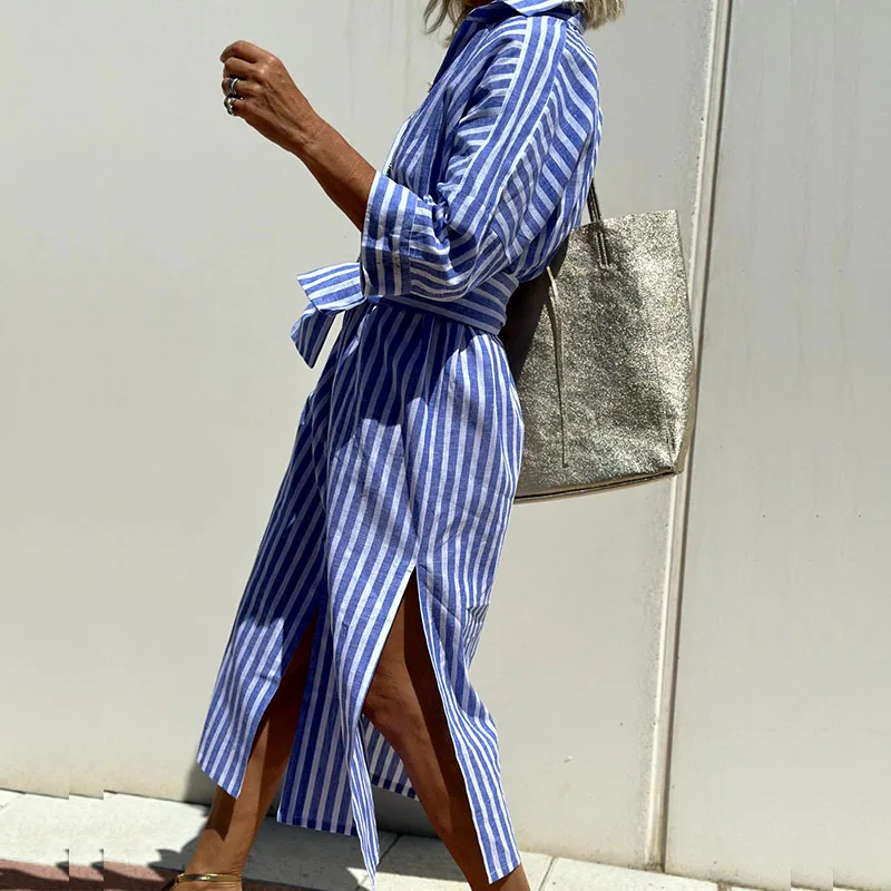 WOMEN'S STRIPED LINEN SHIRT DRESS FOR SUMMER