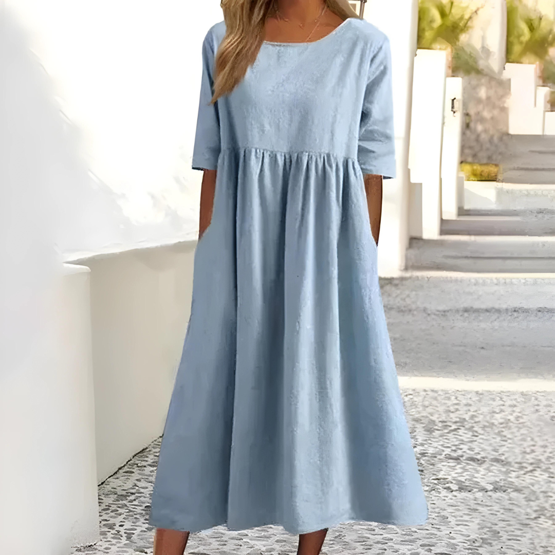 Women's Summer Midi Dress With Half Sleeves & Round Neck