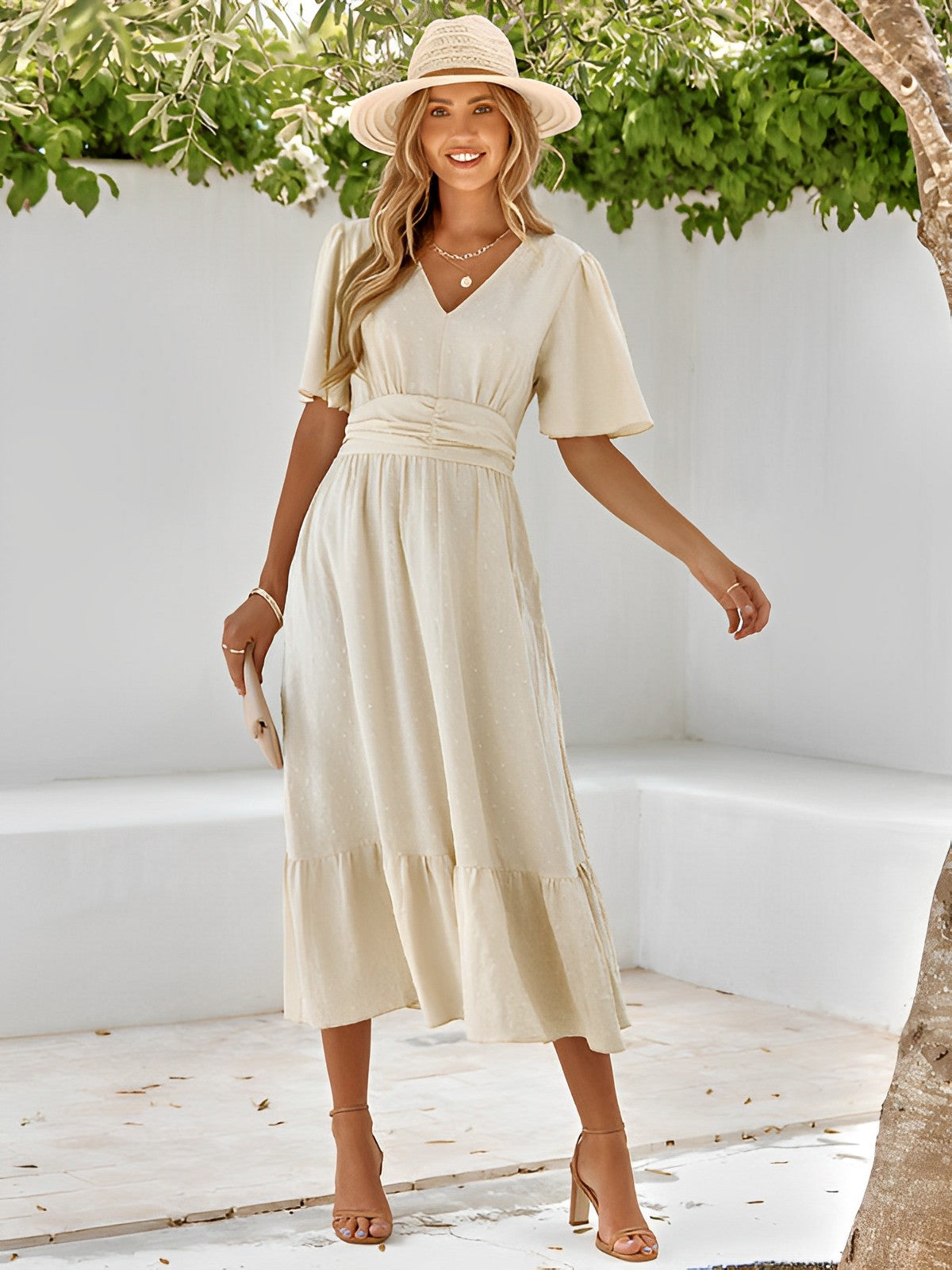 Women's Summer Midi Dress With V-neck & Waist Belt