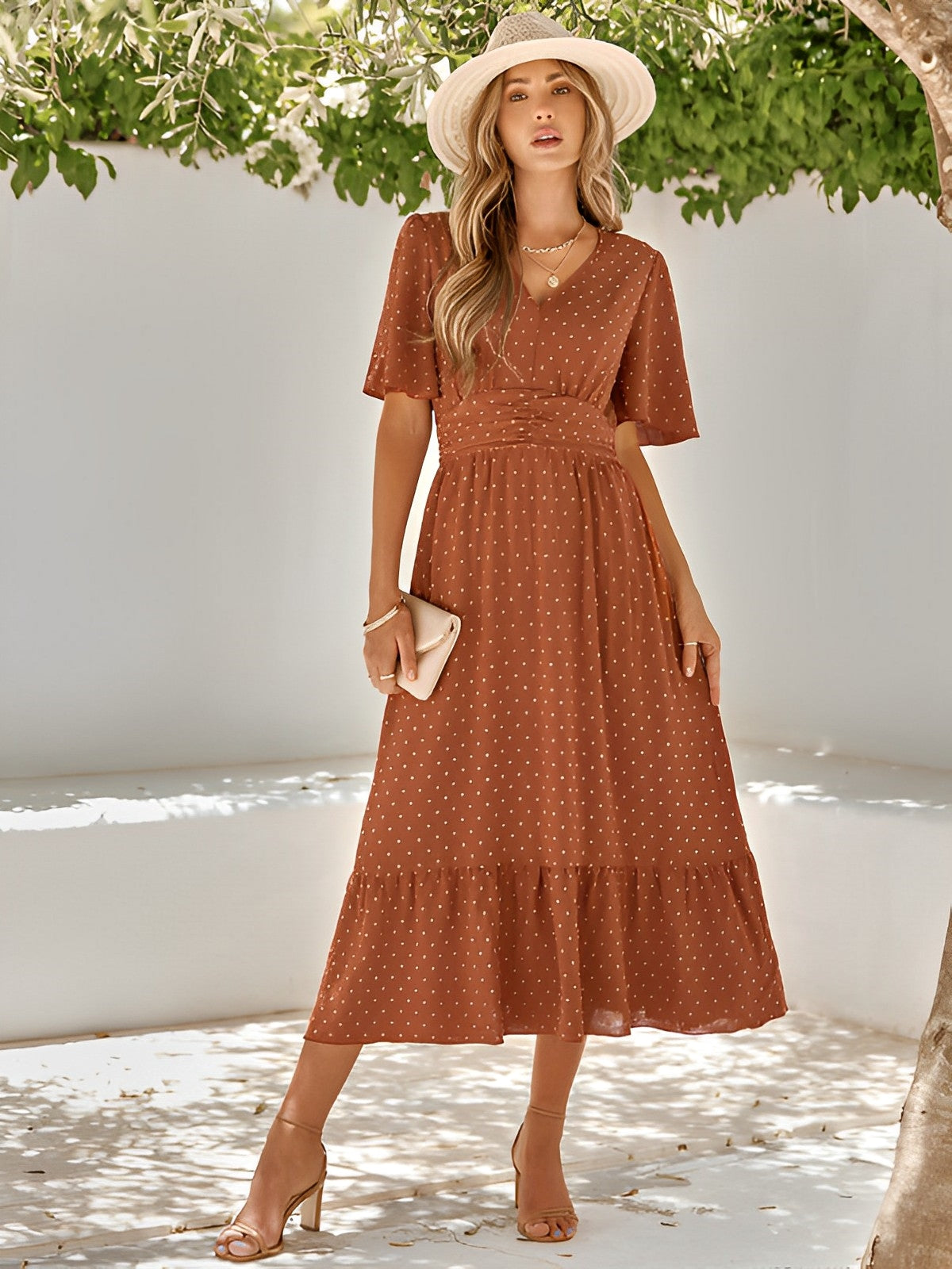 Women's Summer Midi Dress With V-neck & Waist Belt