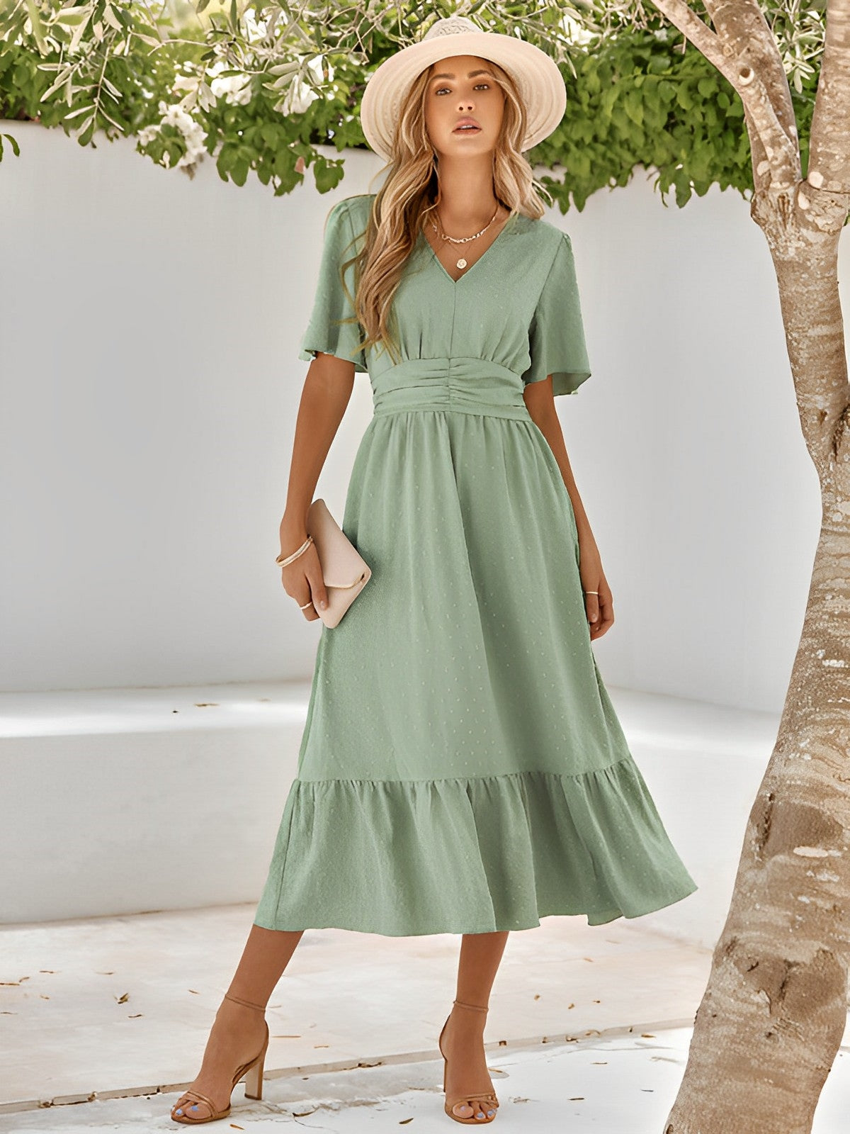 Women's Summer Midi Dress With V-neck & Waist Belt