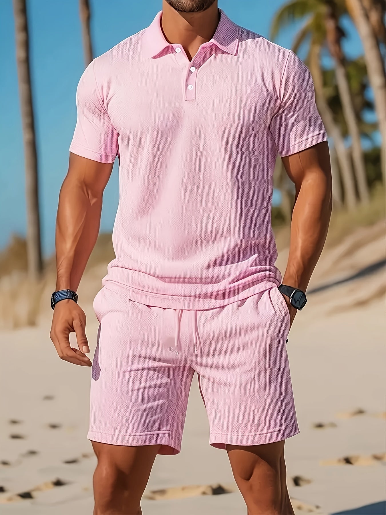 MEN'S CASUAL POLO SHIRT AND SHORTS SET WITH SHORT SLEEVES