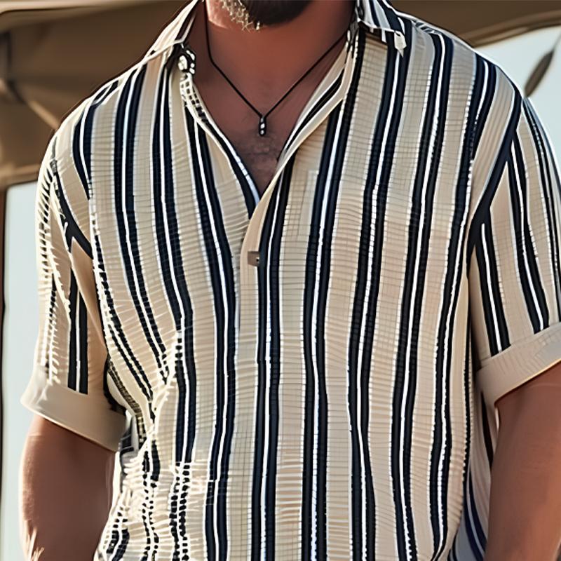 MEN'S COTTON STRIPED SHORT SLEEVE SHIRT WITH V-NECK