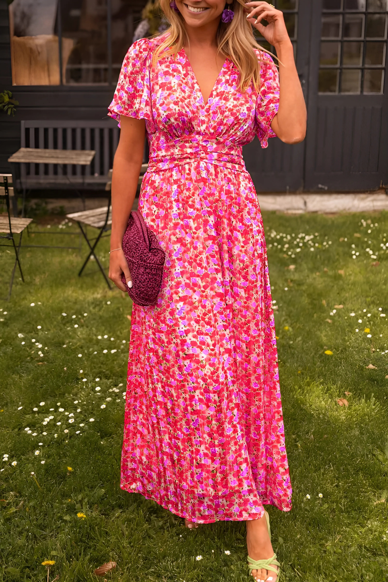 Women's Floral Maxi Summer Dress With V-neck & Short Sleeves