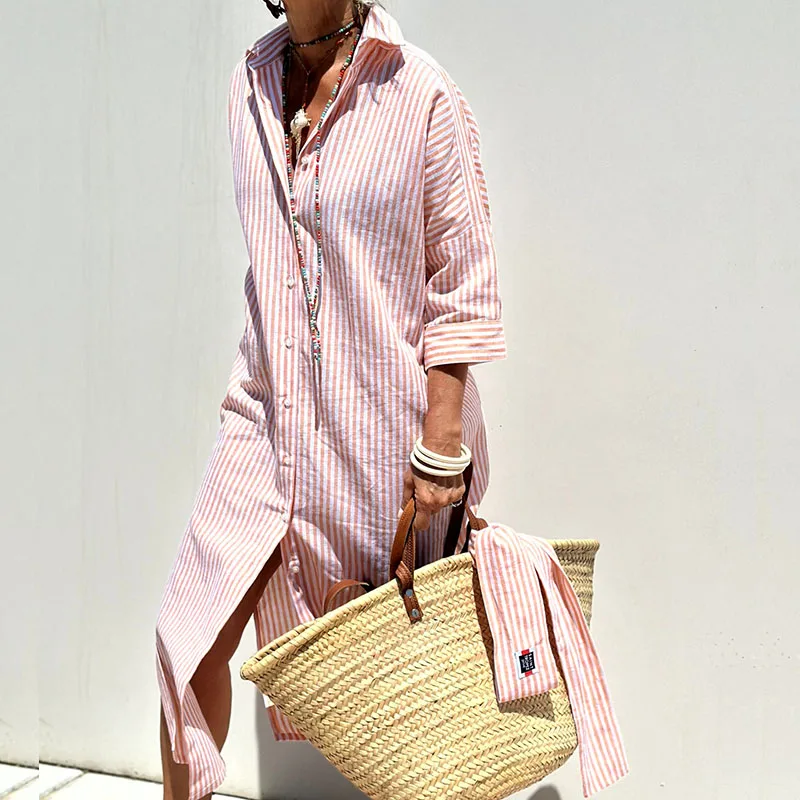 WOMEN'S STRIPED LINEN SHIRT DRESS FOR SUMMER