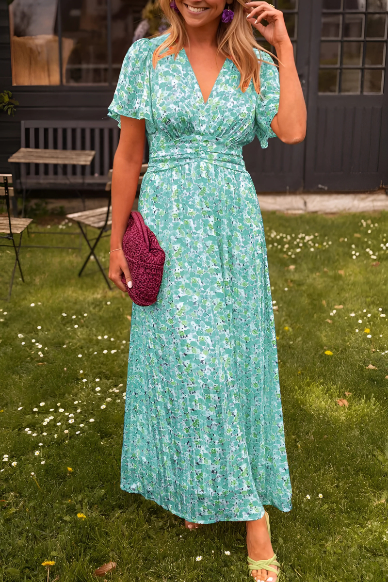 Women's Floral Maxi Summer Dress With V-neck & Short Sleeves