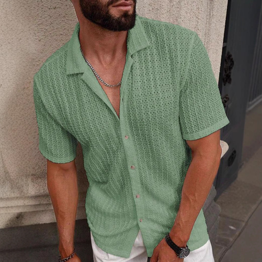 MEN'S LINEN KNITTED SHORT SLEEVE SHIRT WITH BUTTON DOWN FRONT