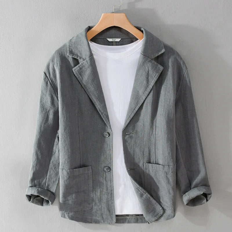 Men's Casual Linen Jacket With Notched Lapel Collar