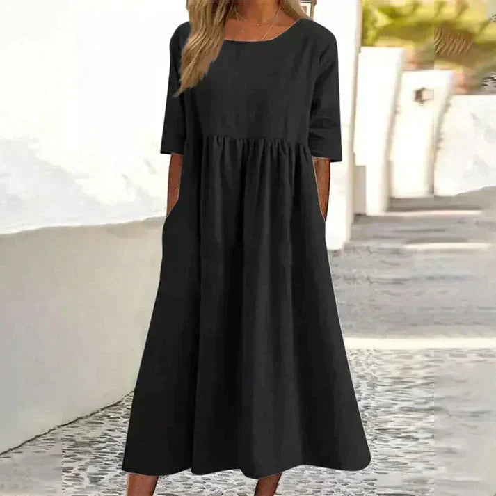Women's Summer Midi Dress With Half Sleeves & Round Neck