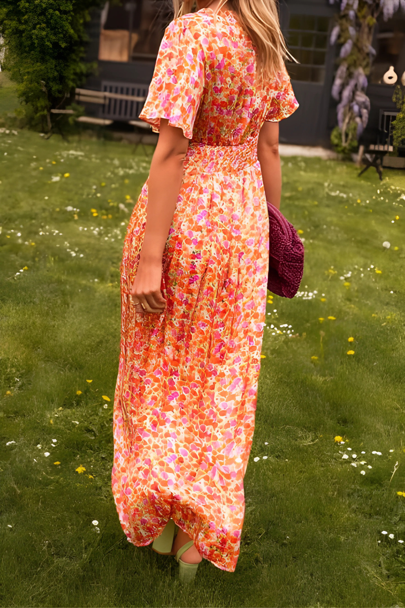 Women's Floral Maxi Summer Dress With V-neck & Short Sleeves