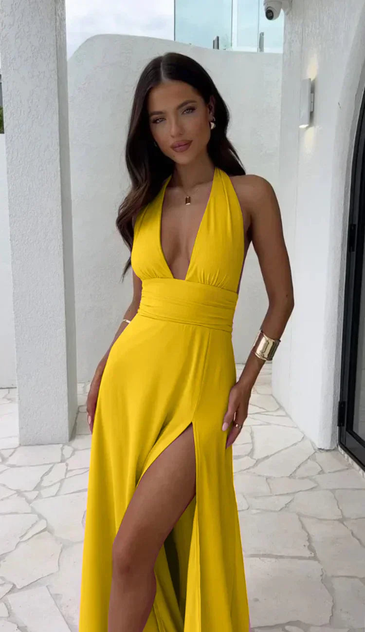 WOMEN'S HALTER MAXI DRESS WITH BACKLESS DESIGN AND HIGH SLIT